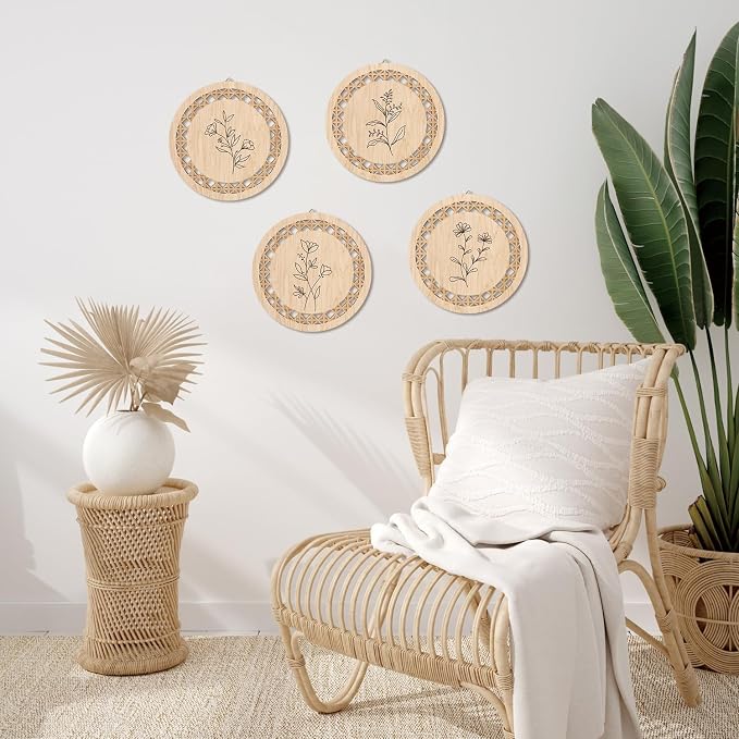 HPNIUB Minimalist Floral Wall Decor, Farmhouse Line Botanical Hanging Wooden Sign Wall Art, 4 Pieces 9.8''x9.8'' Aesthetic Flowers Leaf Wood Plaque, Modern Neutral Pictures for Living Room Office