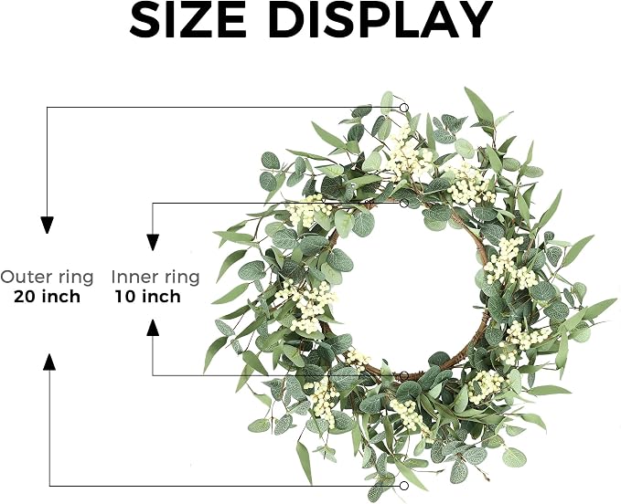 Pinkpum 20'' Eucalyptus Wreath for Front Door, Porch, Window - Green Decor for Home, Farmhouse - Spring, Summer, Fall, All Seasons Fluffy Version