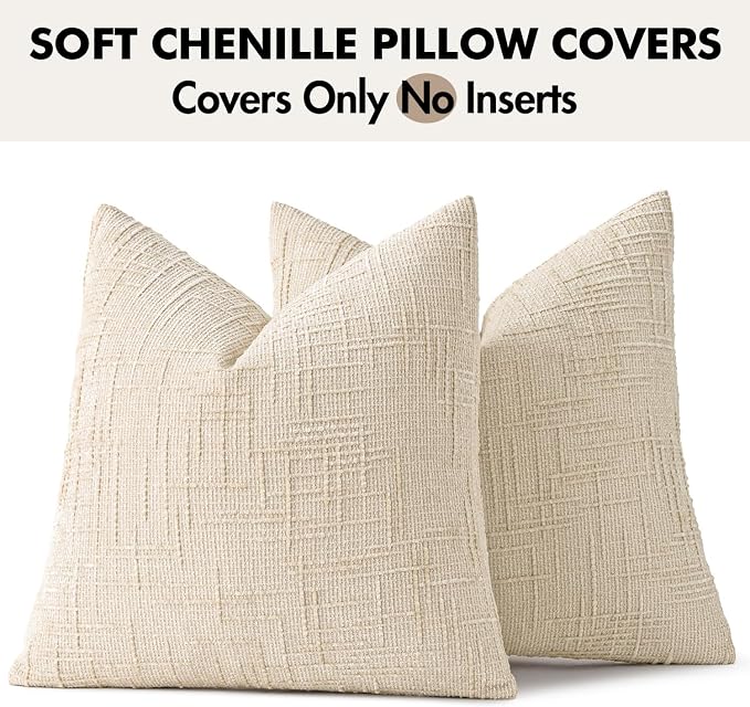 MIULEE Chenille Textured Throw Pillow Covers Beige 20x20 Set of 2 | Slubby Decorative Pillows, Boho Farmhouse Home Decor, Modern Neutral Cushion Covers for Couch Sofa Bed Living Room