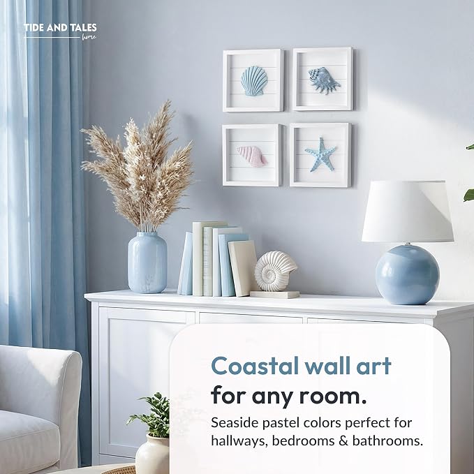 Tide and Tales 3D Coastal Wall Art, Beach Wall Decor, Framed Set of 4 | 7" x 7", Textured 3D Seashells, Bathroom Bedroom Kitchen Room Decor, Lightweight, Hand Painted, Gift Boxed, Hanging Ready