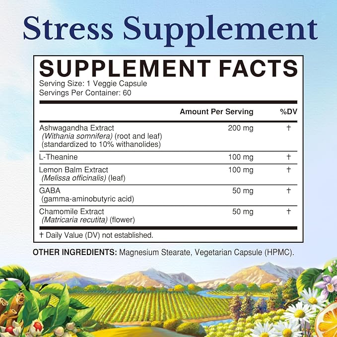 Vitalitown Stress Support Supplement, Calming Blend of Ashwagandha, GABA, L-Theanine, Lemon Balm, Natural Cortisol Response, Ease Stress & Tension, Promote Relaxation & Mental Focus, 60 Vegan Caps