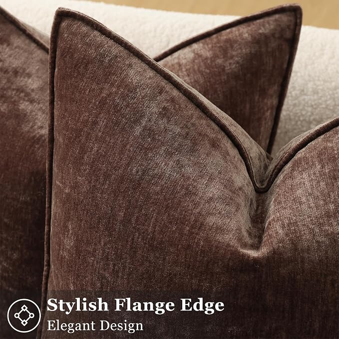 decorUhome Chenille Dark Brown Velvet Throw Pillow Covers 24x24 Set of 2 | Fall Soft Euro Sham Couch Decorative Modern Farmhouse Pillow Cases with Elegant Design for Sofa Bed Living Room Home Decor