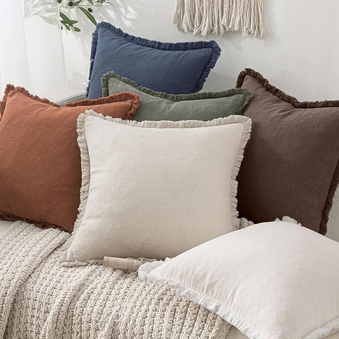 MIULEE Boho Linen Fringe Decorative Fall Pillow Covers Reddish Brown 18x18 | Set of 2, Cottagecore Decor, Boho Farmhouse Neutral Pillow Covers, Rustic Fall Couch Cushion Cases for Sofa Bed Living Room