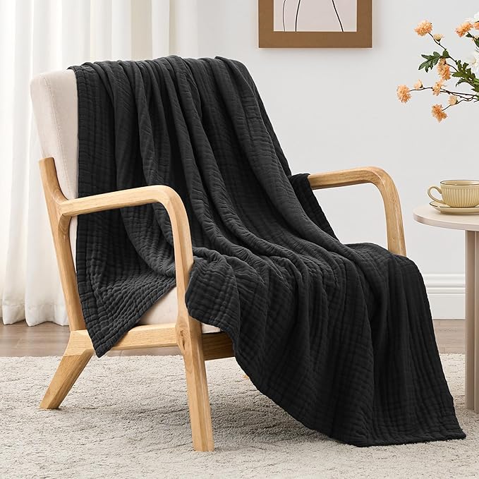 Love's cabin 100% Cotton Muslin Blanket, 6 Layer Lightweight Breathable Gauze Throw Blanket 50 x 60 Inches, Soft All Season Blanket for Couch, Bed, Sofa, Black
