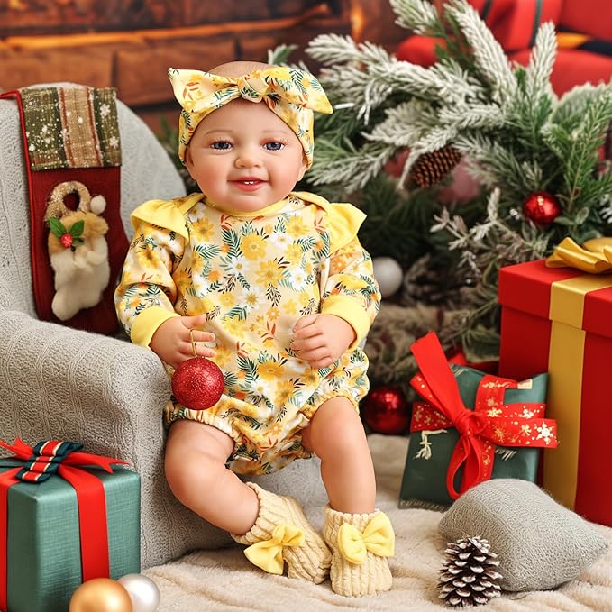 BABESIDE 3 Pcs Reborn Baby Doll Clothes for 17-22 Inch Babydolls, Floral Pattern Doll Clothes Onesies with Shoes and Headband for Lifelike Reborn Baby Dolls Accessories, Yellow
