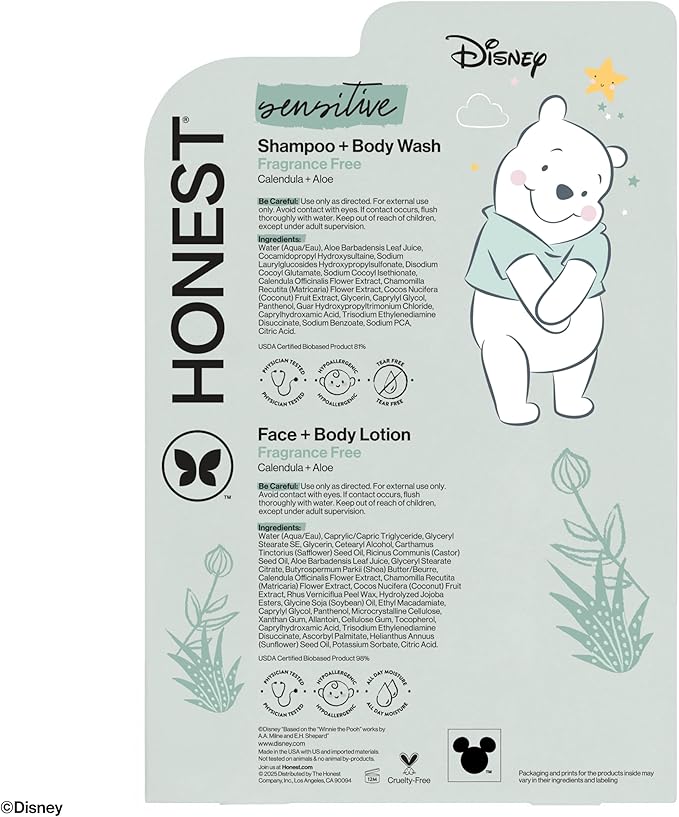 The Honest Company 2-in-1 Cleansing Shampoo and Body Wash, Face Lotion Bundle, Disney Design, Gentle for Baby, Dermatologist Tested, Sensitive Fragrance-Free, 18.5 fl oz