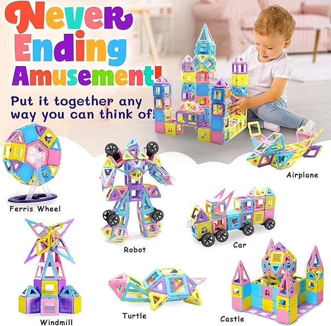124PCS Magnetic Blocks Toys for 3 4 5 6 7+ Year Old Boys Girls Macaron Castle Magnetic Tiles Building Blocks Set for Toddlers STEM Creativity/Educational Toys for Kids Age 3-6 Christmas Birthday Gifts