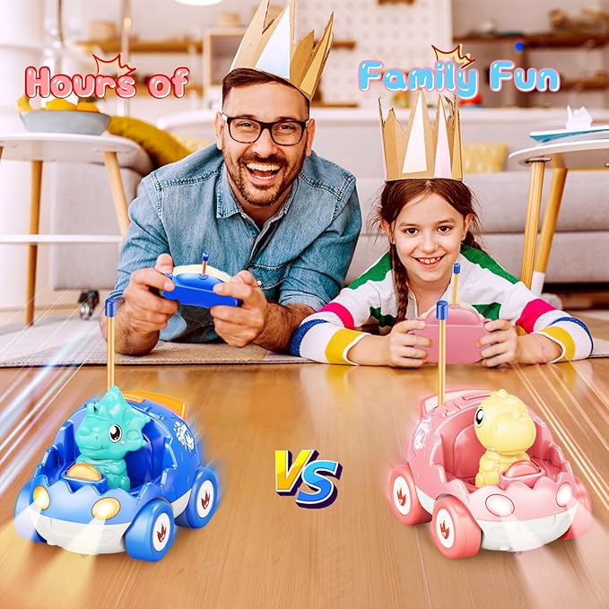 2 Pack Pink Dinosaur Remote Control Car Toys, Valentine's Day Birthday Gifts for Boys Girls 2 3 4 Years Old, Dino RC Car with Music and Light, Toddlers Toys for Kids 2-4 Year Old,(Pink Blue)