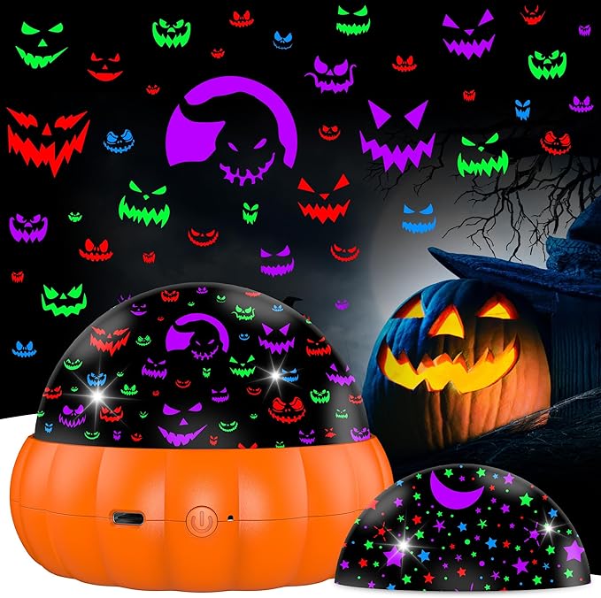 Halloween Pumpkin Night Light Projector for Kids, Star Projector Night Lights with Jack O'Lantern Faces - Starry Theme, 15 Color Changing and 360 Degree Rotation, Halloween Decor and Gift