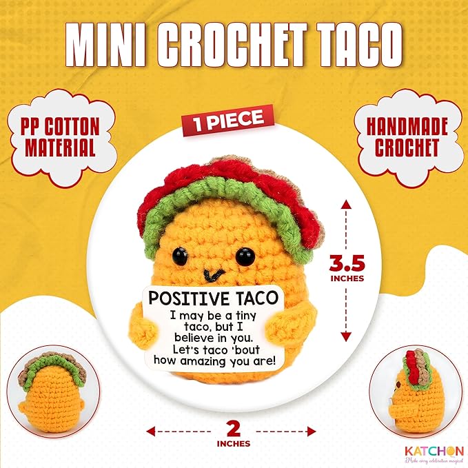 KatchOn, Mini Positive Crochet Taco | Christmas Birthday Gifts for Women, Men, Mom, Dad, Son, Daughter, Sister, Friends, Coworkers | Thanksgiving Basket Stuffers | Desk Home Decor Emotional Support
