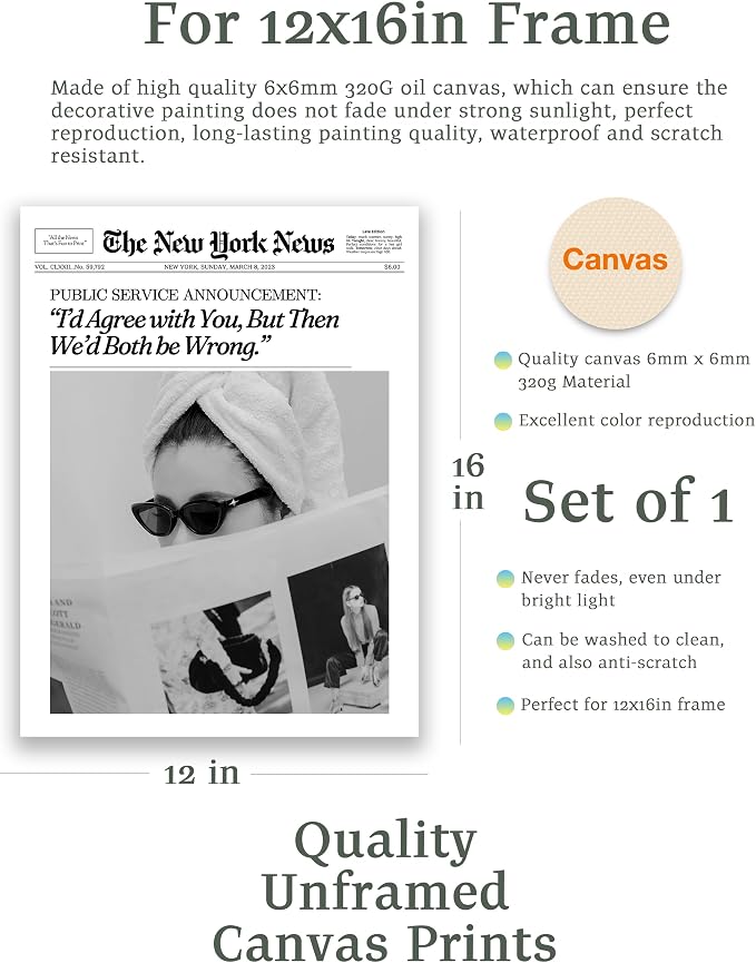 EcoHest 12x16 in Cool Girl Newspaper Canvas Art | Unframed Canvas Print, Girly Fashion Magazine Decor for Bedroom, Apartment, Dorm Room, College Room, 1Pack