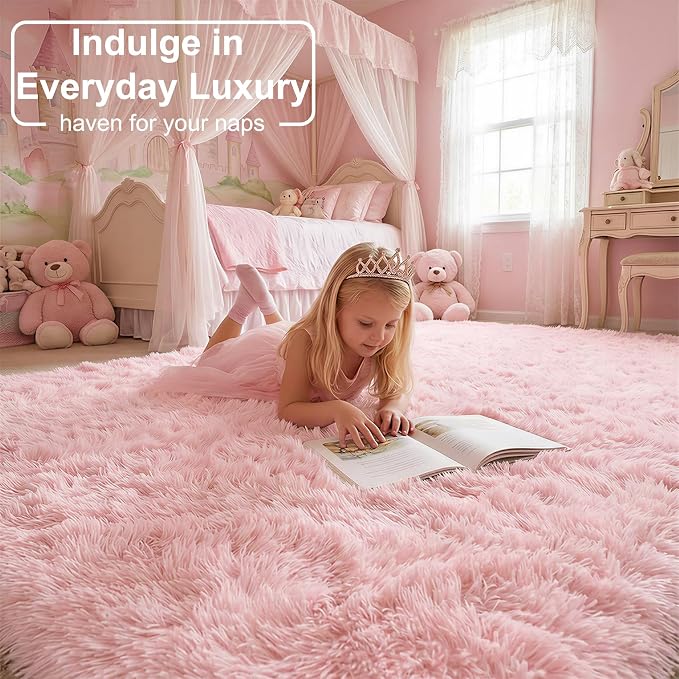 Amdrebio Light Pink Fluffy Fuzzy Area Rug 4x6 for Girls Bedroom Kids Room | Shag Plush Furry Shaggy Carpet, Nursery Classroom Preppy Dorm Playroom Decor, Cute Princess Aesthetic, Baby Toddler Corner