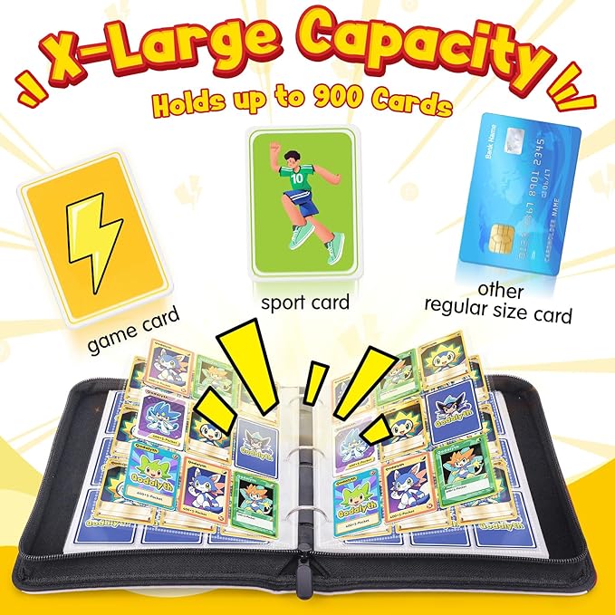 Card Binder – 9 Pocket Zipper Collection Album, Premium PU Holder, Double-Sided Display for 900 Cards, Includes 5 Hard Plastic Sleeves for Game Cards, Sports Cards(Fire)