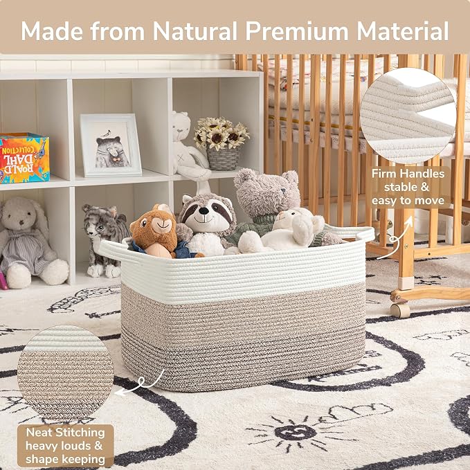 Goodpick Large Woven Rope Blanket Basket, Rectangle, Light Brown | 21.6'' x 14.9'' x 11.8'' Storage Basket for Toys, Blankets & Clothes, Living Room & Nursery Organization, Reinforced Handles