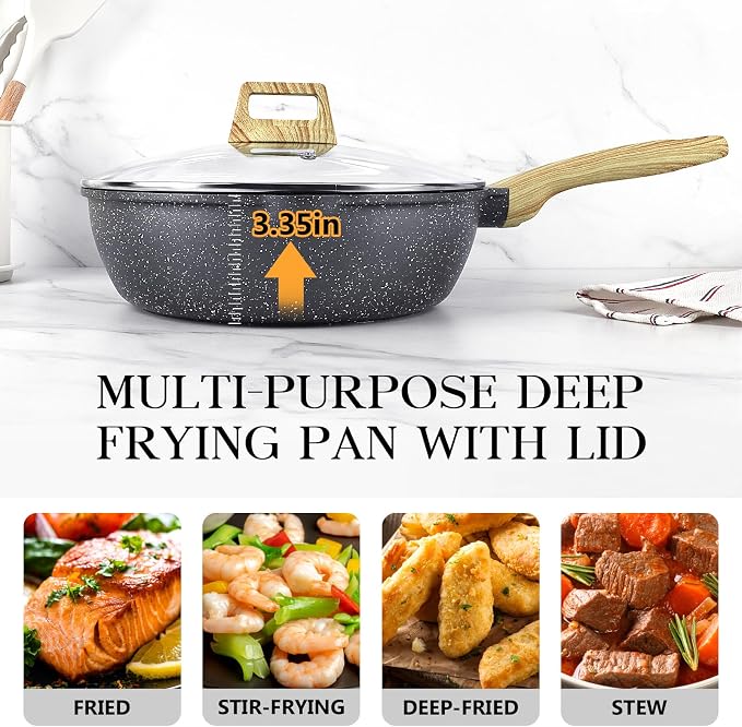 GiPP Nonstick Deep Frying Pan - 11 Inch Saute Pan with Lid Granite Induction Cookware, 4.5Qt Non Stick Woking Pan Skillet, PFOA PFOS APEO Free, Grey