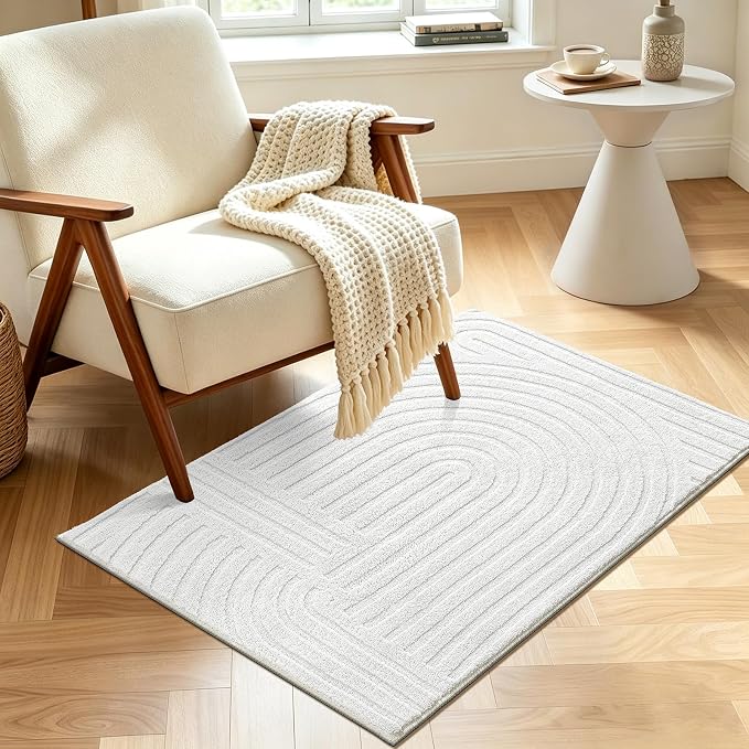 Pauwer 2x3 Area Rugs for Living Room, Modern Non Slip Washable Rug, White | Arch Pattern, Soft Fluffy, Neutral, Boho Accent, Solid Color Floor Carpet, For Kids Room Dining Room Nursery Entryway