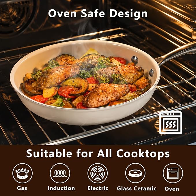 SAKAMOSH 9.5" Nonstick Ceramic Frying Pan, Non Toxic Pan, White | PTFE & PFAS & PFOA Free Ceramic Coating, Dishwasher/Oven Safe, Induction Compatible, Suitable for all Stovetops, Lightweight