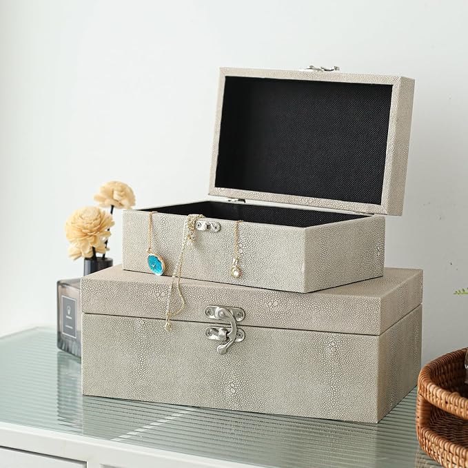 DECOR4SEASON Faux Shagreen Leather Decorative Storage Boxes Set of 2, Ivory | For Keeping Precious Keepsakes, Trinkets, Jewelry And Other Small Items Organized