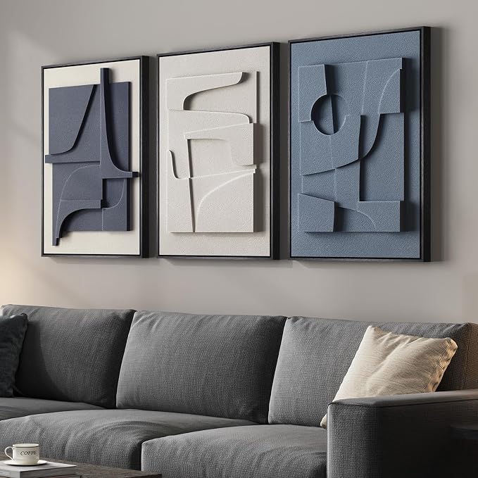 3D Textured Framed Blue and White Abstract Wall Art Set, 3 Piece, 16x24 In | Solid wood frames, raised geometric reliefs, navy blue and ivory tones, modern decor for bedroom living room dining room