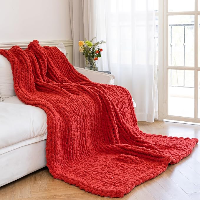 Chunky Knit Blanket - Luxury Soft Cozy 60 * 80 Throw Blanket,100% Woven Blanket Rope Knot Throw Blanket for Couch, Sofa, Home Decor, Gift - Machine Washable (Wine red, 60 * 80)