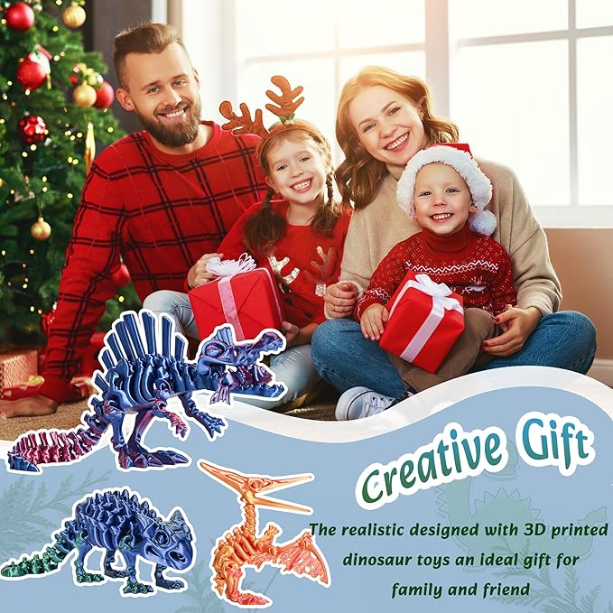 3PCS 3D Printed Dinosaur Skeletons, 3D Printed Dragon Animals Toys, Spinosaurus Pterosaur Ankylosaurus Fidget Toys Desk, Poseable with Articulated Joints, Home Decor, Stress Relief Toy (Dinosaur-B)