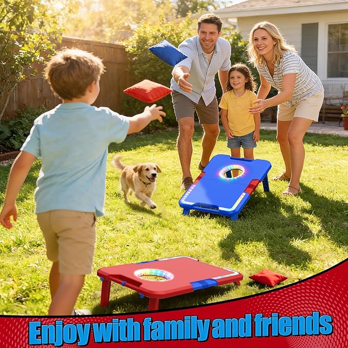 TERRAMUS Light-Up Cornhole Board Set, Corn hole Sets with Sound Effects, 2 Foldable Boards & 8 Bean Bags, Portable Outdoor Toss game, Backyard Party Camping Toys Gifts for Kids,Teens,Family,Ages 6-12+
