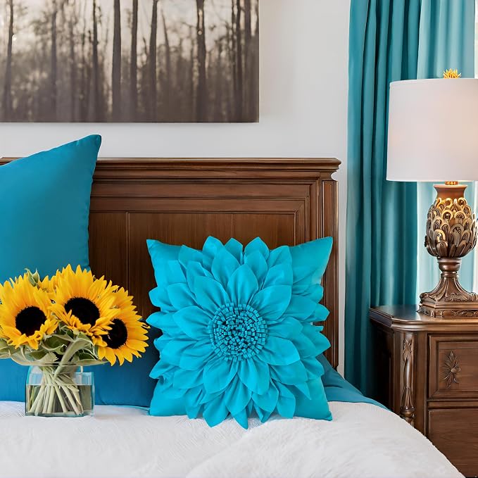 Teal Blue Accent Flower Decorative Throw Pillow Covers for Bed Sofa Couch | Bella's Giftshop Handmade Sunflower Taffeta Pillow Cases Living Room Bedroom Decor, 18x18 Inch