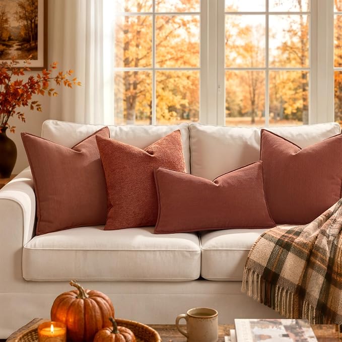 MIULEE Pack of 2 Fall Rust Euro Shams Chenille Pillow Covers 22x22 Inch | Decorative Soft Couch Throw Pillows,Farmhouse Cushion Covers,Elegant Design for Sofa,Bed,Living Room,Summer Decor
