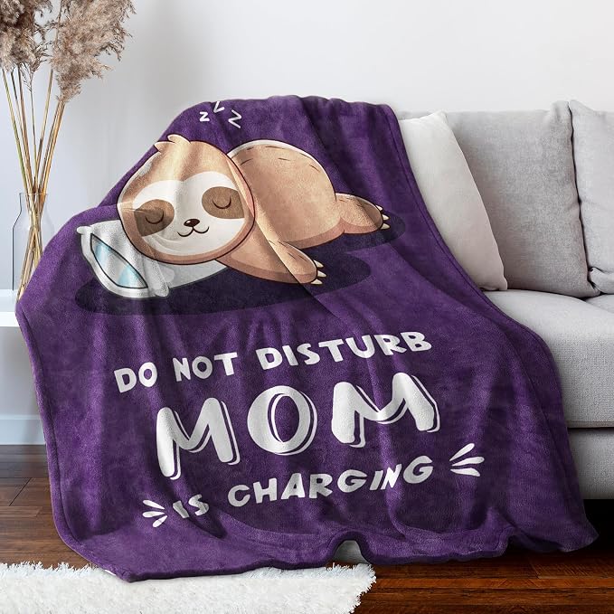 Leebbsin Funny Gifts for Mom, Birthday Gifts for Mom from Daughter Son | Mom is Charging Sloth Blanket, 60" x 50", Purple, Mom Gift for Christmas Mothers Day, Soft Sloth Throws Blanket for Mother