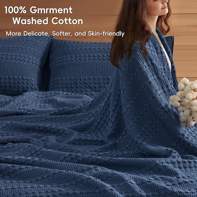 PHF 100% Cotton Waffle Blanket Oversized King 120"x120", Lightweight Breathable Extra Large 10'x10' Blankets for Bed, Giant Big Luxury Aesthetic Woven Bedding for Home Decor, Blue Sapphire