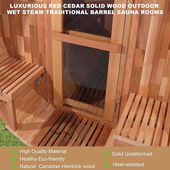 Outdoor Panoramic Barrel Sauna, 6-8 People Canadian Hemlock Steam Sauna, Garden Traditional Wooden Saunas with Canopy, 6KW TOULE Heating Furnace, Rocks, Water Bucket, Spoon, Light