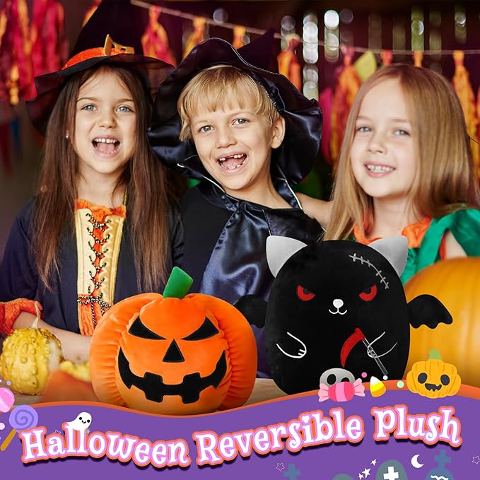 Halloween Reversible Pumpkin Plush, Soft Black Cat Stuffed Animal with Bat Wings and Skull, Halloween Plush Gift Home Decor for Boys Girls 10 Inch