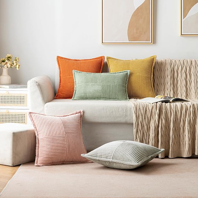 MIULEE Decorative Throw Pillow Covers for Couch 18x18 Inch Gold 2 Pack | Boho Broadside Striped Patchwork Pillow Covers, Soft Corduroy Cushion Cases, For Sofa Bed Livingroom Home Decor