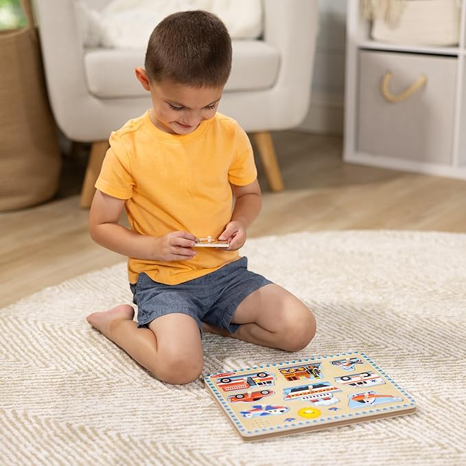 Melissa & Doug Vehicles Sound Puzzle - Wooden Peg Puzzle With Light-Activated Sound Effects (8 pcs) Puzzles for Toddlers, Wooden Puzzles For Kids Ages 2+