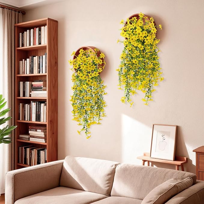INQCMY Artificial Fake Hanging Flowers Plants for Outdoor Fall Decoration | 2 PCS Faux Silk Daisy with Eucalyptus Leaves,UV Resistant Look Real for Outside Home Planter Porch Patio Balcony Yard Decor