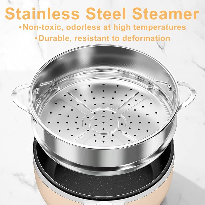 Dezin Electric Pot with Steamer, 1.5L Non-Stick Portable Hot Pot Electric | Dual Power, Upgraded 700W Electric Pot for Cooking Steak, Egg, Soup, Ramen Cooker for Dorm, Travel, RV, Office, Beige Pan