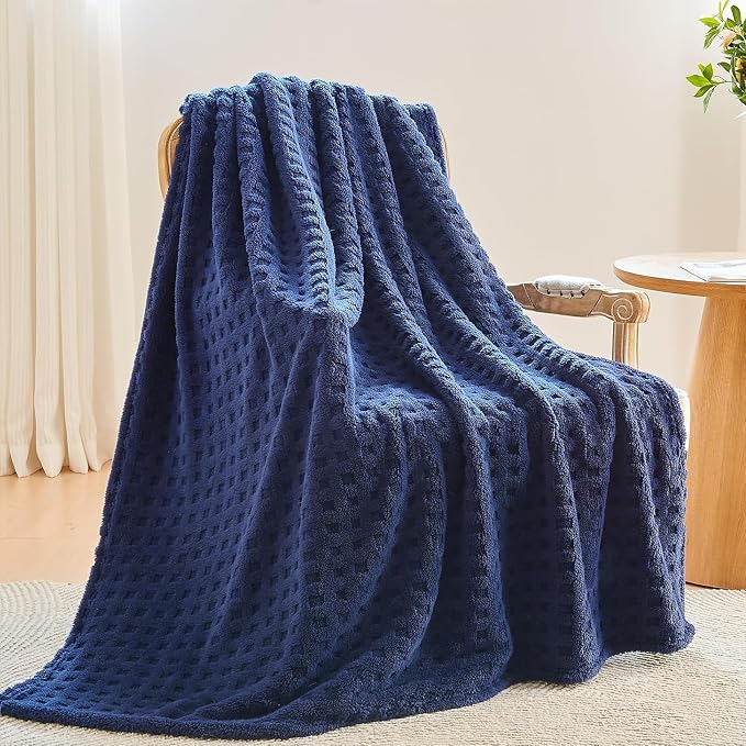 NEWCOSPLAY 3D Waffle Checkered Flannel Throw Blanket, Dark Navy, 50"x70" | Super Soft Cute Lightweight Decorative Premium Silky Fleece Blanket for Couch Sofa Bed, Gift for Women Men, All Season Use