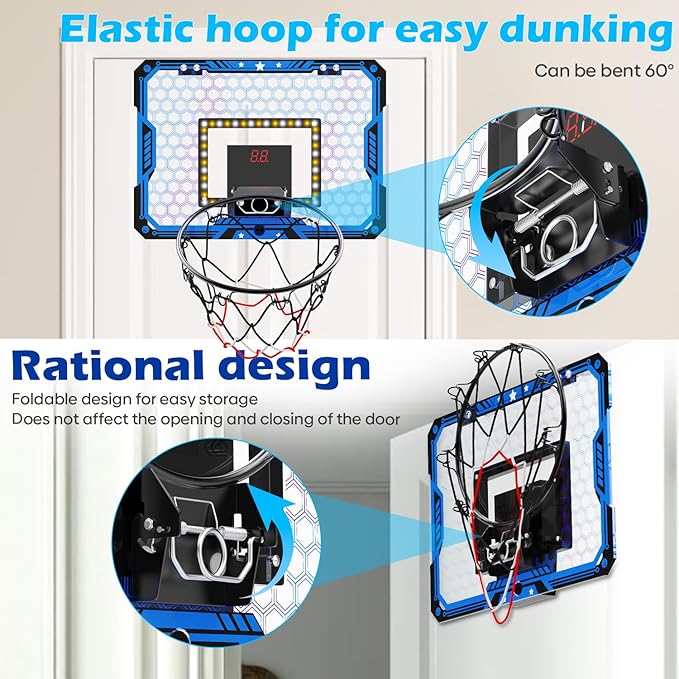 Indoor Basketball Hoop for Kids, Over The Door Mini Basketball Hoop Set with LED Lights, Scoreboard, 4 Balls & Sound Effects - Indoor Toys Gift for Boys & Girls Ages 3-12 for Birthday & Christmas
