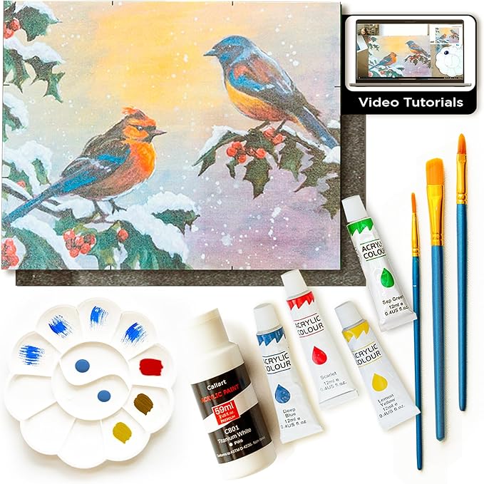 Painting4Real DIY Painting Class Kit for Adults with Video Tutorials: Learn to Paint Winter Birds – Indoor Christmas Decorations – Hang Christmas Picture/Art as Wall Decor Once Completed