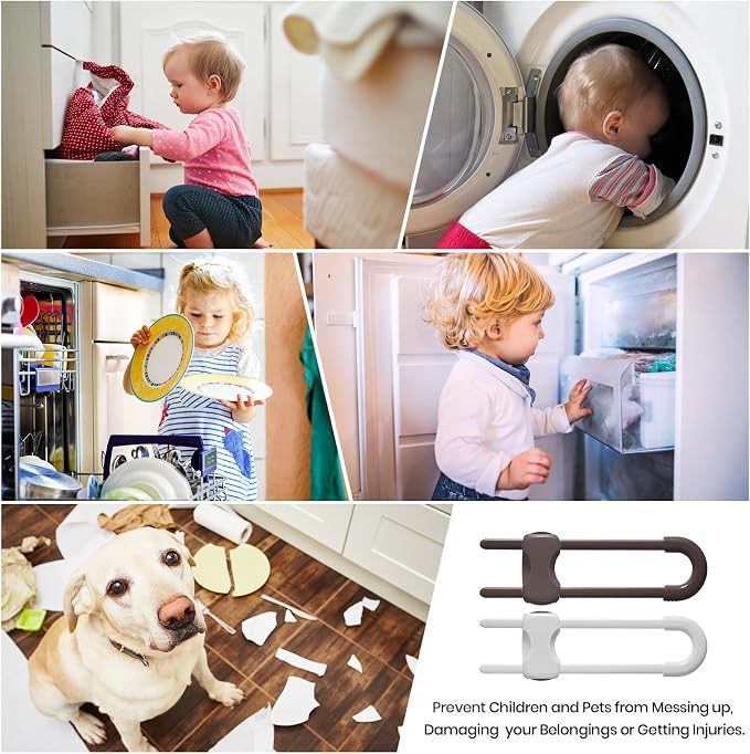 Jetec 10 Pack Baby Cabinet Locks, No Adhesive No Drill Child Safety Locks for Cabinets with Knobs or Handles, Adjustable U-shaped Child Proof Latches for Cupboards, Fridge, Closet, Pets(Brown,White)