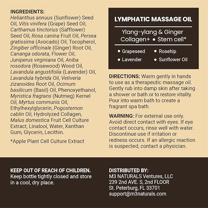 Lymphatic Massage Oil & Roller Kit for Massage Therapy - Ylang Ylang & Ginger Lymphatic Drainage Oil & Massager for Circulation & Detox Support, Non-Greasy Formula & Easy to Use Roller (8 Fl Oz) by M3