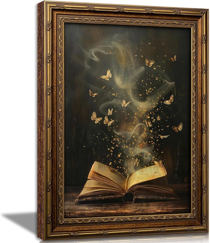 Vintage Gold Framed Victorian Bookish Wall Art Dark Academia Library Fantasy Mystical Canvas Print Reading Nook Butterfly Aesthetic Picture Wall Decor Gothic Bookclub Poster Artwork for Library