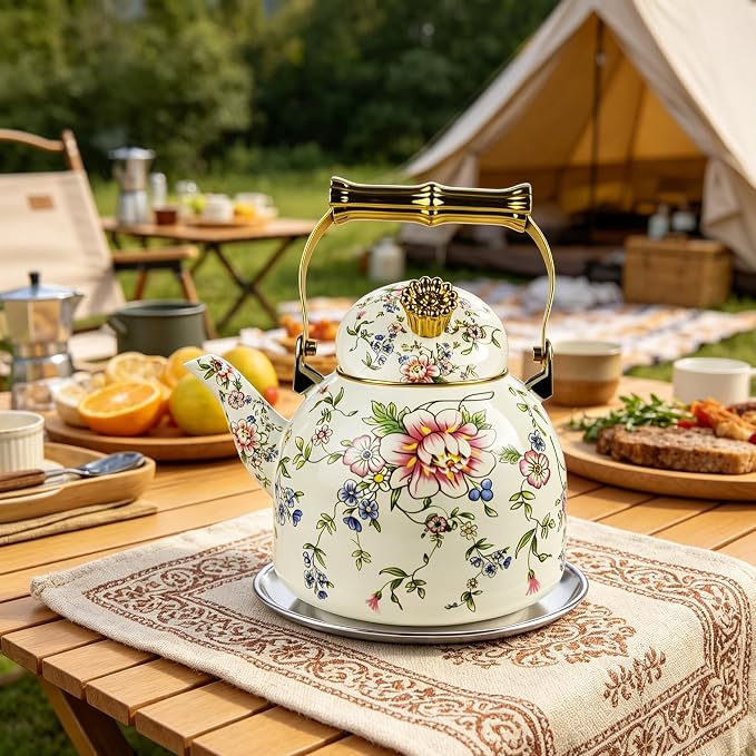 Vintage Enamel Tea Kettle Rose Floral Pattern Stovetop Teapot with Gold Handle, 2.5L Enamel Kettle Kitchen Decor, Ideal Gift for Housewarming Camping Coffee Pot