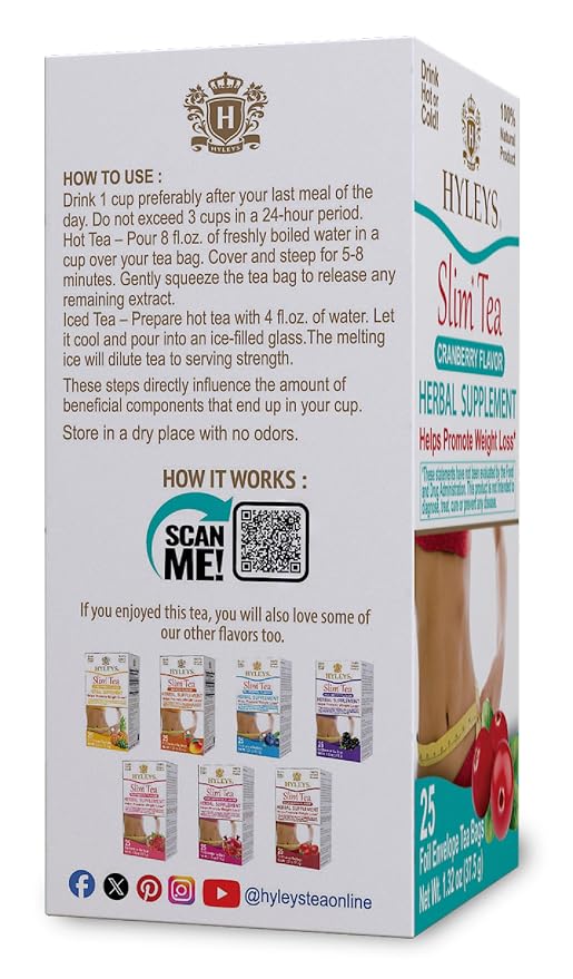Hyleys Slim Tea Cranberry Flavor - Weight Loss Herbal Supplement Cleanse and Detox - 25 Tea Bags (12 Pack)