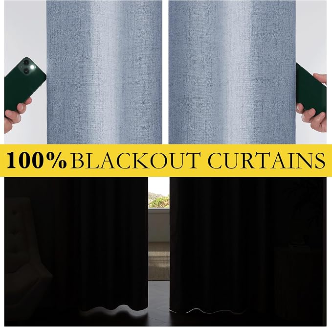 NICETOWN Stone Blue Vintage Linen 100% Blackout Curtains for Living Room, Thermal Insulated Curtains 84" Long, 52" Wide Per Panel, Set of 2, Noise Reducing Window Treatment Drapes for Hall Room