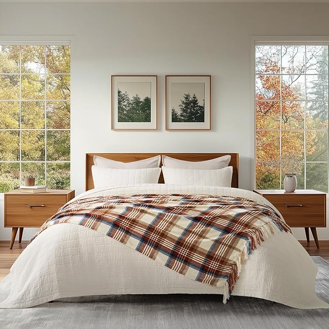 Plaid Chenille Fall Throw Blanket, 50"x60", Harvest Plaid | Super Soft Knit Throw with Tassels, Cozy, Decorative Rustic Farmhouse Decor for Autumn, Ideal for Couch Bed Sofa Gift