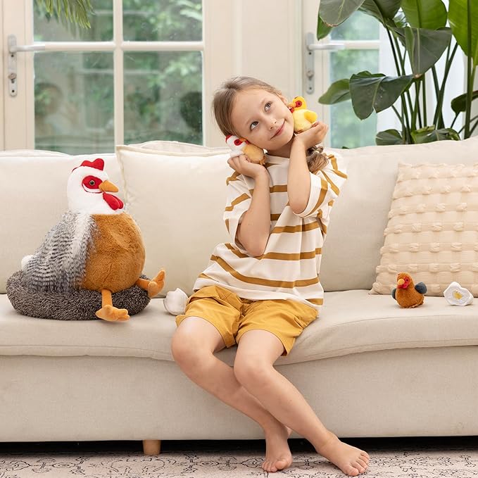 MaoGoLan 8Pcs Chicken Stuffed Animals, Stuffed Laying Hen Chicken Plush Toys with 3 Babies Chickens and 3 Eggs,1 Nest House Plush Set, Cute and Soft Farm Stuffed Animals Gift for Kids,Girls,Boys,White