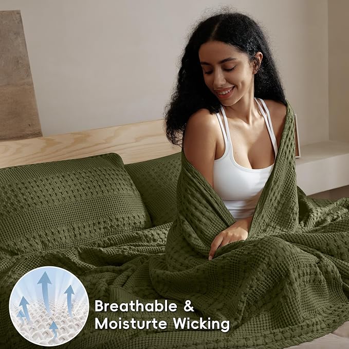 PHF 100% Cotton Waffle Weave Blanket King Size, Lightweight Breathable Summer Blanket for Hot Sleepers, Pre-Washed Soft Layer for Bed, Couch, Home Decor Gift, 108"x90", Capulet Olive
