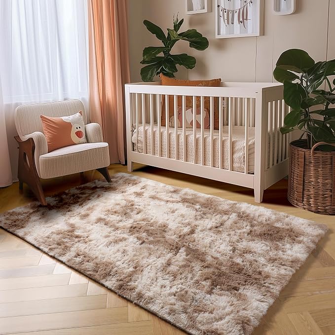 Amdrebio Beige Tan Furry Area Rug 4x6 for Bedroom Living Room Nursery Dorm | Fluffy Shag Cozy Plush Fuzzy Shaggy Carpet, Classroom Playroom Home Office Decor, Neutral Aesthetic, Baby Kids Toddler Corner