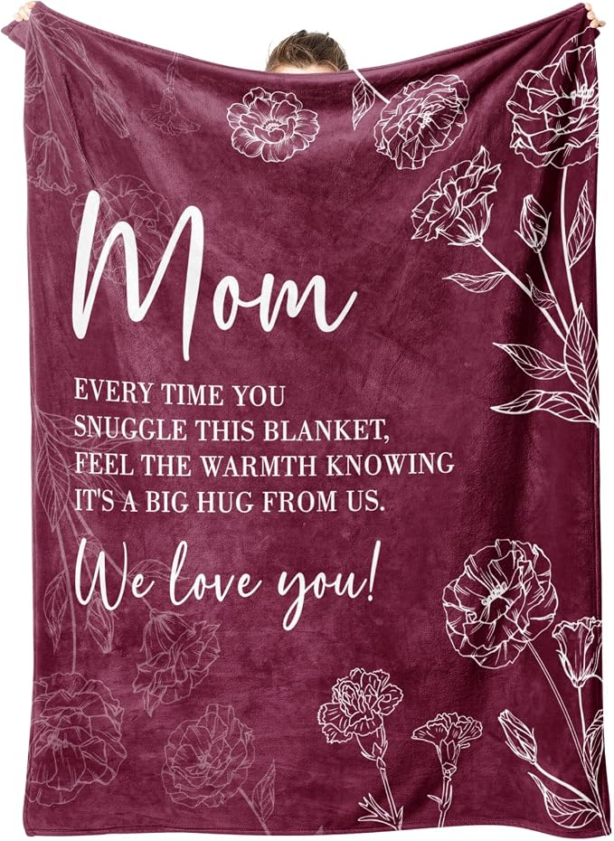 GiltGlimmer Mom Birthday Gifts, Mom Floral Blanket Burgundy, 60" x 50" | Gifts for Moms from Daughter Son, We Love You Present for Mother Mommy Christmas Mothers Day